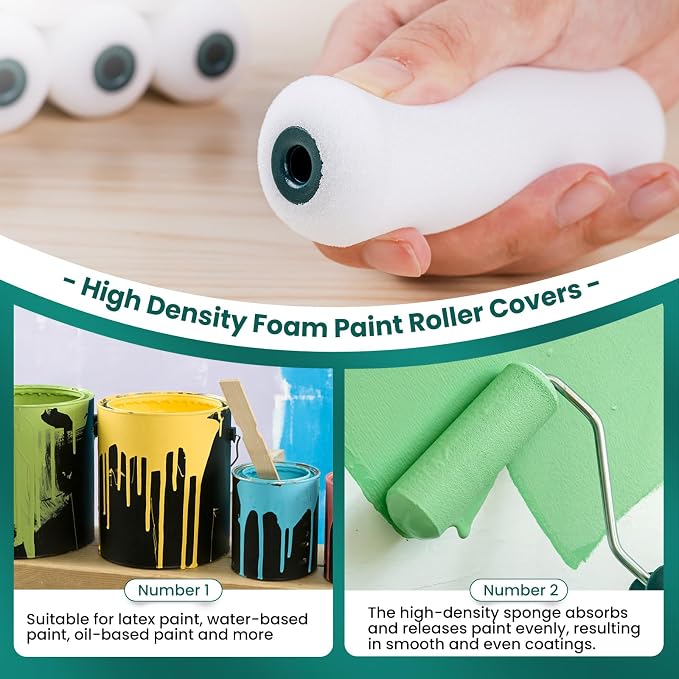 4 Inch Foam Paint Roller Covers 28 Pack | Small Paint Roller Kit, High Density Foam Paint Roller Covers, Mini Paint Rollers for Painting Walls, Home Painting Supplies