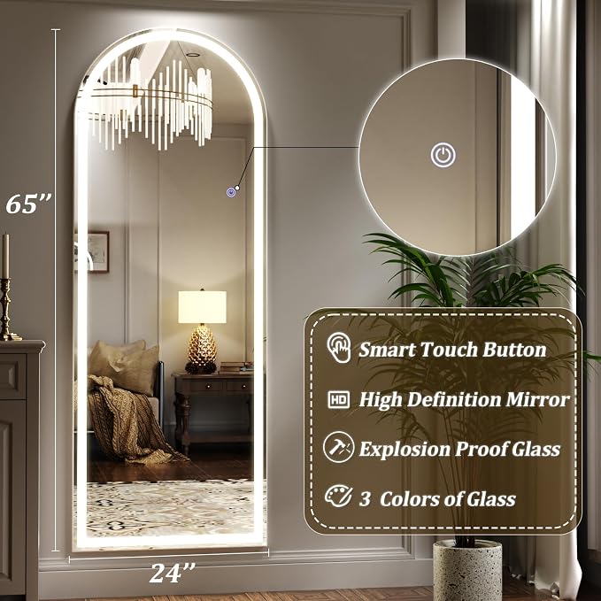 LED Arched Full Length Mirror with Lights 65"x24" | Lighted Floor Mirror with Dimming & 3 Color Lighting, Aluminum Frame Standing Leaning or Hanging for Cloakroom White