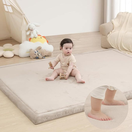 Huloo Sleep 2" Extra Thick Baby Play Mat for Floor,Ultra Soft Elasti Foam Mat for Tummy Time & Crawling,Playpen,Non Slip Nursery Rug for Toddlers,Infants,kids,Tatami Style for Yoga,Playroom(Beige)