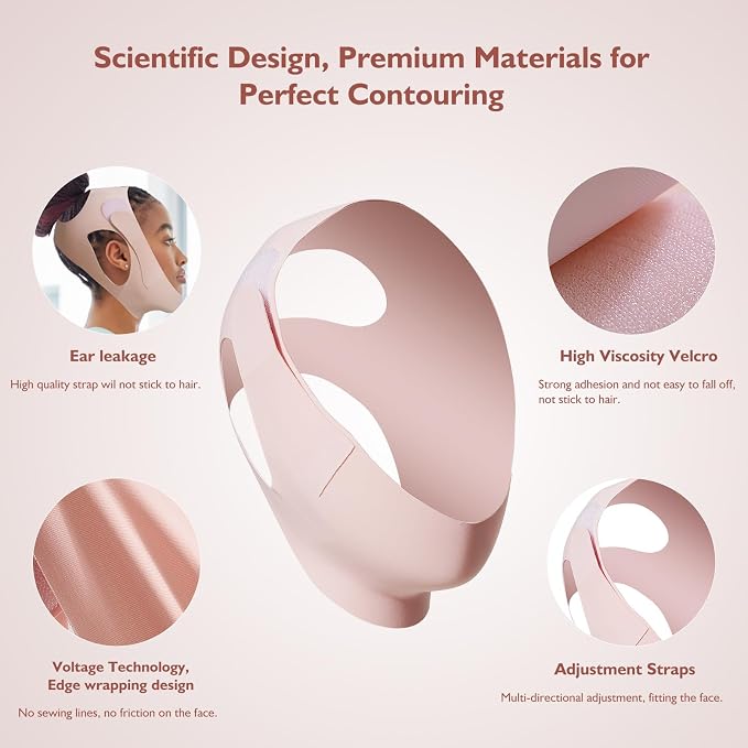 Jawline Shaper Chin Strap for Sleeping, Reusable V-Line Mask for Women Face Lifting Made w/Electric-Hot-Press Tech for Skin-Friendly & Breathable Cooling Fabric (Nude Pink, One Size)