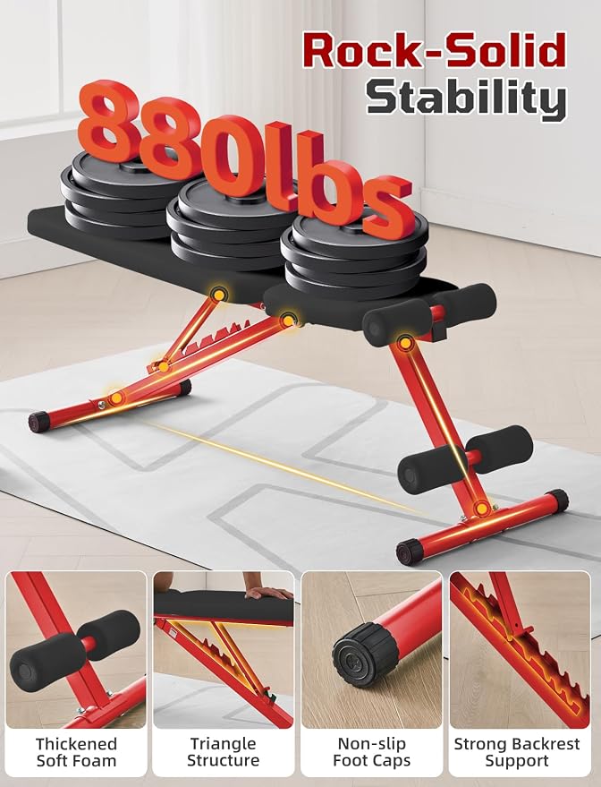 SPORTSOUL 880LB Weight Bench, 8-Position Backrest Adjustable Workout Bench | Foldable Weight Bench for Home Gym Strength Training – Incline Decline Flat, Compact for Small Space Apartment Room Garage