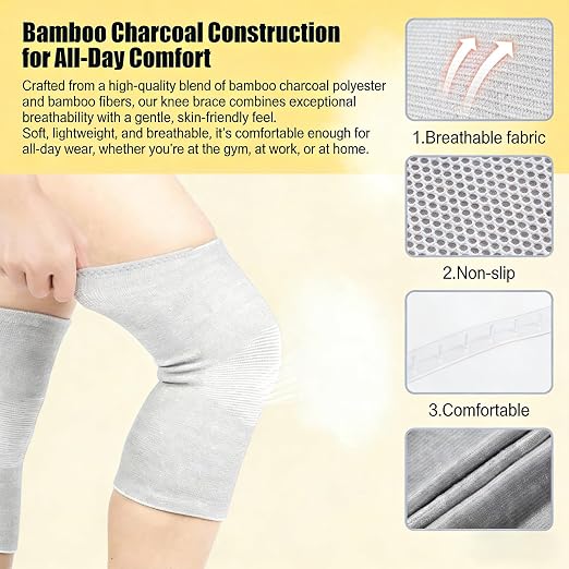 Bamboo Charcoal Compression Knee Sleeve - Elastic Knee Braces for Men & Women - Breathable Knee Support for Arthritis, Running, Workout, Joint Pain Relief (Gray, Medium)