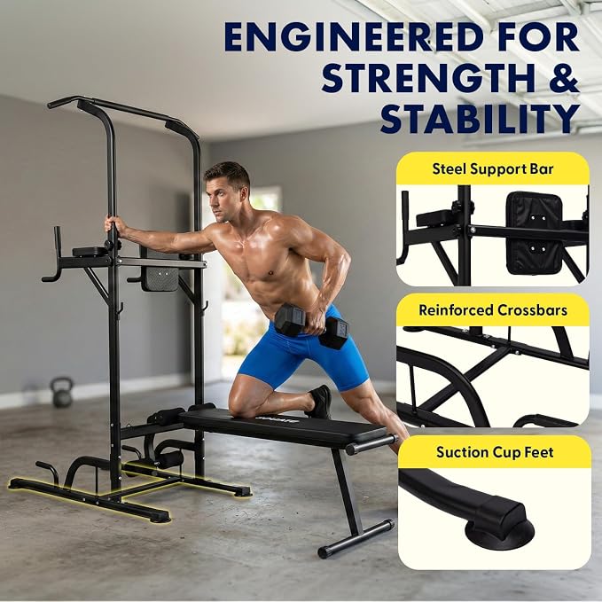 Pull-Up Dip Station - Your All-in-One Power Tower Gym and Chin-Up Bar Stand with Collapsible Bench for Home Exercise and Bench Press