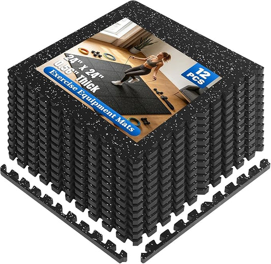 Rubber Gym Floor Mats, 12 Tiles 48 Sq Ft, 0.56" Thick Heavy Duty Gym Flooring for Home Gym, Exercise Equipment Mat for Treadmill, Weightlifting & Workout Area, Non-Slip Protective Flooring