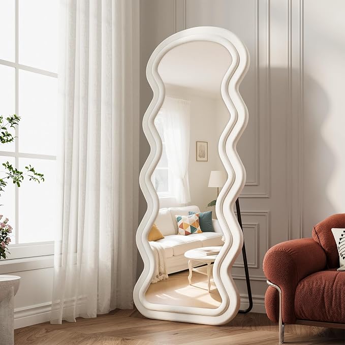 Full Length Mirror, 63"x24" Wavy Full Body Mirror Flannel | Full Body Mirror with Stand, Flannel Mirrror Bedroom and Living Room, Wall Mirror Hanging or Leaning, White