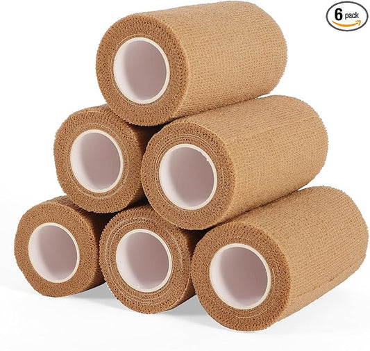 6 Rolls Elastic Self Adhesive Bandage Wrap 4 Inch, Breathable Non Woven Cohesive Bandage, Vet Wrap for Dogs, Ankle Sprains Swelling Medical First Aid Tape, Sports Athletic Tape Brown