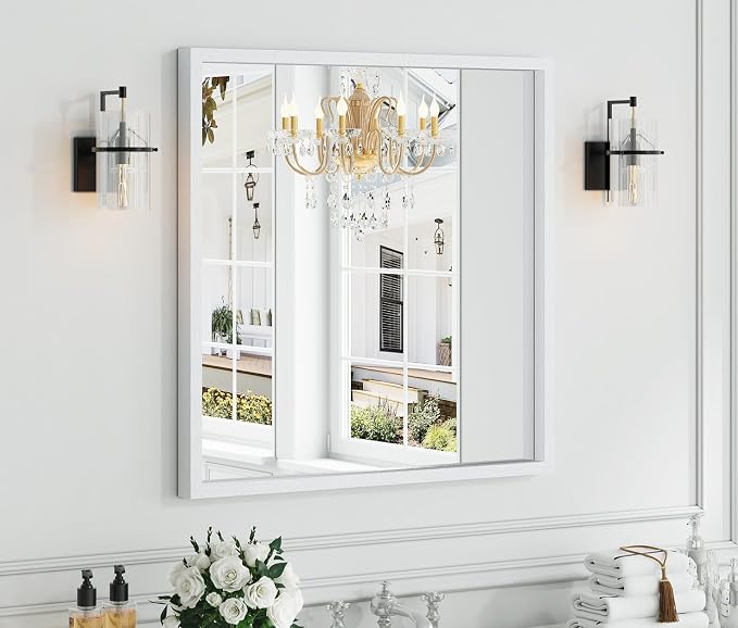 Syndra Square White Wood Frame Bathroom Mirror, 32''x32'' Modern Vanity Mirror for Wall, Waterproof Slim Deep Frame, HD Tempered Glass Mirror for Living Room, Bedroom, Entryway, Rustic, Farmhouse