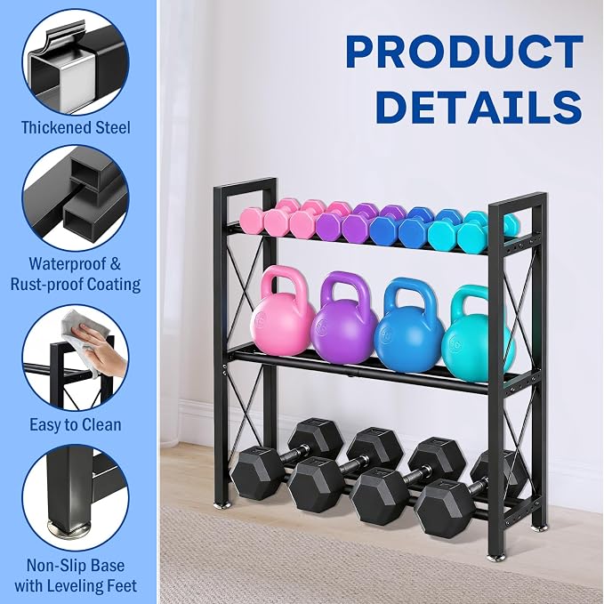 Dumbbell Rack Stand Only, 2 Tier | 3 Tier Adjustable Weight Rack | Thick Steel, Stable Compact H-Frame, Custom Bar Gap, Non-Slip Base, Waterproof Rustproof Coating, For Home Gym Garage Storage