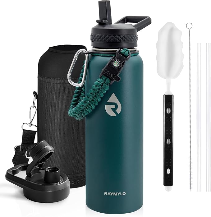 RAYMYLO Insulated Water Bottle 40 oz, Triple Wall Vacuum Stainless Steel | (Cold for 36Hrs, Hot for 18Hrs), Leak Proof & Non-BPA, Modern Water Flask Jug with Paracord Handle & Straw Spout Lids