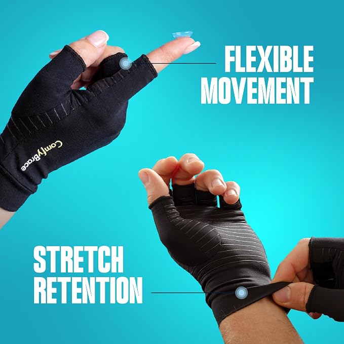 ComfyBrace Copper Arthritis Gloves, Hand Compression Gloves for Women & Men | Fingerless compression gloves for swelling, carpal tunnel, trigger finger, tendonitis and rheumatoid arthritis pain relief