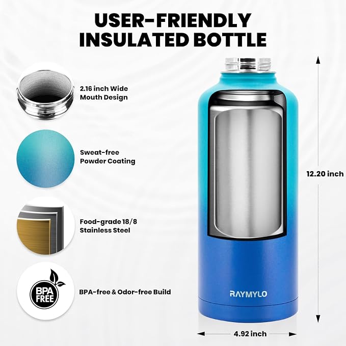 RAYMYLO Insulated Water Bottle 87 oz, Triple Wall Vacuum Stainless Steel | Cold for 48 Hrs), Leak Proof & Non-BPA, Modern Water Flask Jug with Paracord Handle & Straw Spout Lids, Cyan Blue