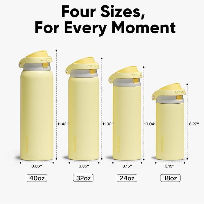 ENCOOL Leakproof Insulated Water Bottle with Straw Dual-Sip Water Bottle Bag-Safe Design for Work, Commute & Gym – Keeps Drinks Cold All Day, 18 oz, Butter Yellow