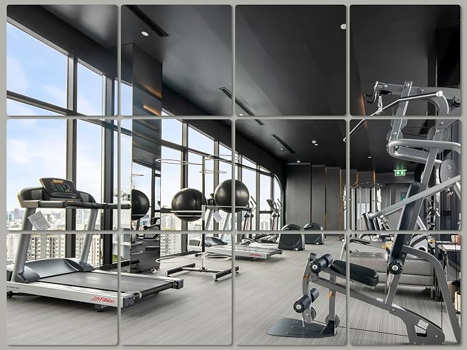 JAMBALAY Home Gym Mirrors for Gym, 12Pcs 14″×12″ Square HD Glass Full Length Wall Mirror Tiles, Self Adhesive Frameless Wall Mirror for Bedroom, Living Room, Over The Door