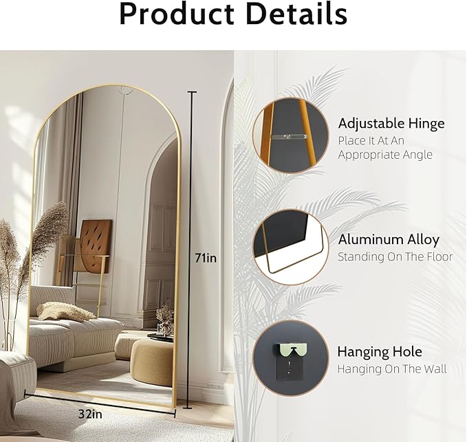 Beauty4U 71" x 32" Arched Full Length Mirror with Stand, Gold Floor Mirror | Large Standing, Leaning, or Wall-Mounted Tempered Full Body Mirror with Metal Frame for Bedroom, Closet, Modern Home Decor