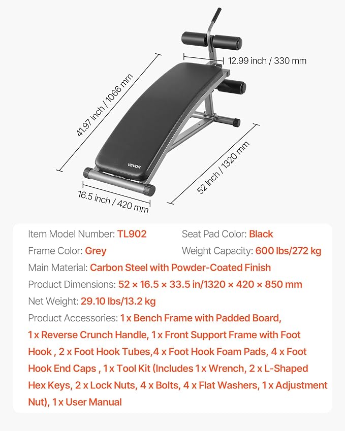 VEVOR Sit Up Bench, Curved Decline Ab Bench with Reverse Crunch Handle, with 6 Adjustable Height Setting, Heavy Duty Steel, 600 Lbs Capacity for Home Gym Workouts, Strength Training, Full Body Muscles