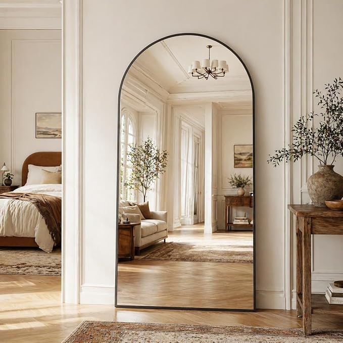 Full Length Mirror, 76"x34" Arched Floor Mirror Freestanding, Floor Standing Full Body Mirror with Stand for Bedroom, Hanging Mounted for Living Room Cloakroom, Black