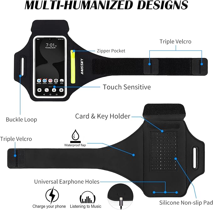 HAISSKY Running Armband with Earphone Pouch Fits Phones up to 6.9" | Cell Phone Armband for iPhone, Water Resistant & Breathable Sports Phone Holder & Zipper Pocket Car Key Holder for Jogging
