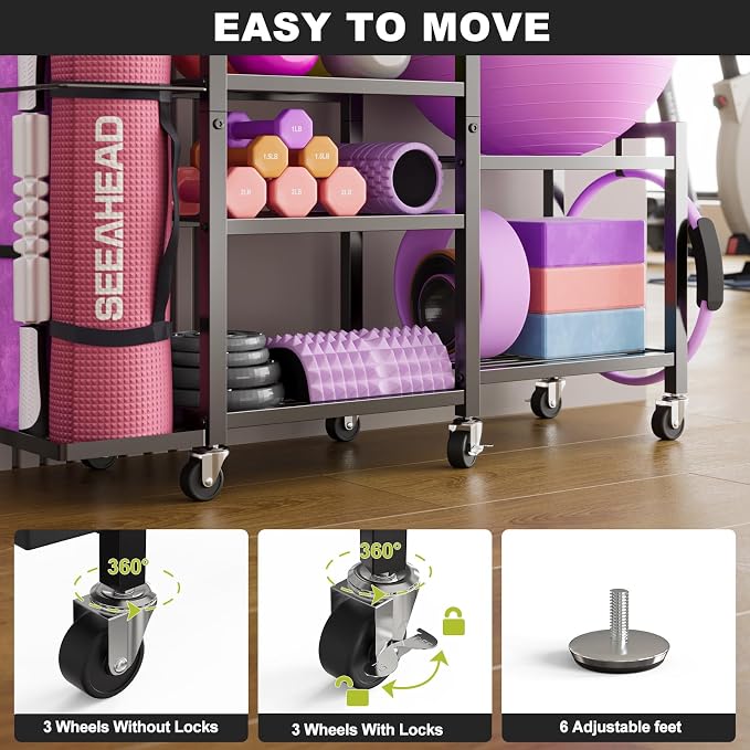 6Tier Rolling Home Gym Storage, Multi-Purpose Dumbbell Weight Rack | 6-Tier Rolling Cart Stores Dumbbells, Yoga Mats and Workout Gear; Wheels Make Home Gym Organization Clean, Tidy and Mobile