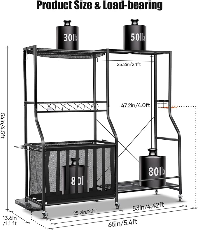 EXTCCT Garage Sports Equipment Organizer with Wheels - Golf Bag Storage Rack and Ball Storage Bins, Heavy Duty Rolling Garage Organizer System with Basket and Hooks for Indoor (Black-Large)