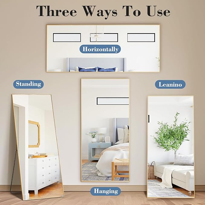 NEWBULIG 56"x21" Full Length Mirror, Full Body Standing Mirror, Gold | Leaning or Standing, Tempered Glass, Aluminum Alloy Thin Frame Floor Stand for Bedroom, Cloakroom