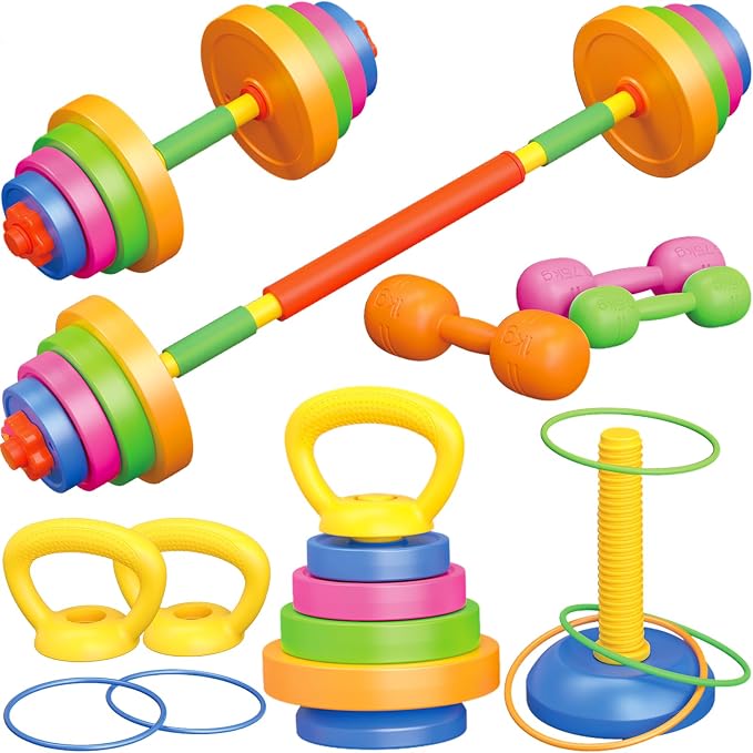 6-in-1 Kids Weight Set, Kid exercise equipment, Kids Workout Equipment Toys | Adjustable Kids Barbell, Dumbbell, Kettlebell, Push-Up ,Ring. Fitness Play Gym Toys Set Gift Small Weights for Kids Boy Girl