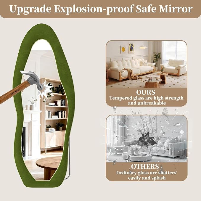 Full Length Mirror, 63"x24" Flannel Full Body Mirrors | Velvet Floor Mirrors with Stand, Irregular Wavy Mirror Hanging or Leaning Against Wall for Bedroom Living Room, Green