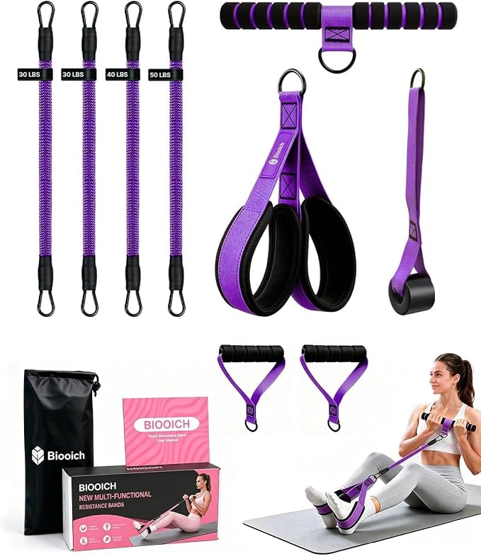 Multifunction Pedal Resistance Band with Handle, 4 Tubes 30/40/50LB Adjustable Foot Pedal Puller Resistance Band with Foam Handle& Storage for Men Women Core, Arm, Legs, Body Workout Home Gym, Purple