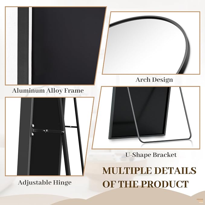 Suidia 78"x38" Arched Full Length Mirror with Stand, Full Body Mirror with Aluminum Frame, Freestanding/Leaning/Wall-Mounted, Floor Mirrors for Bedroom, Living Room, Entryway, Dressing Room, Black