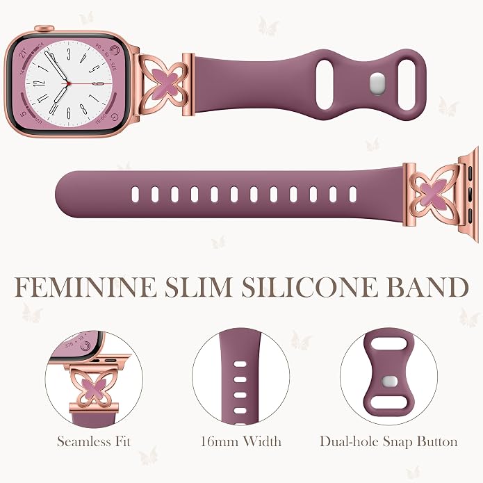 Lerobo Slim Silicone Band Compatible with Apple Watch Bands for Women | Dressy Metal Butterfly 16mm Thin Strap for iWatch Series 11 10 9 8 7 6 5 4 SE Ultra 38mm 40mm 41mm 42mm 44mm 45mm 46mm 49mm