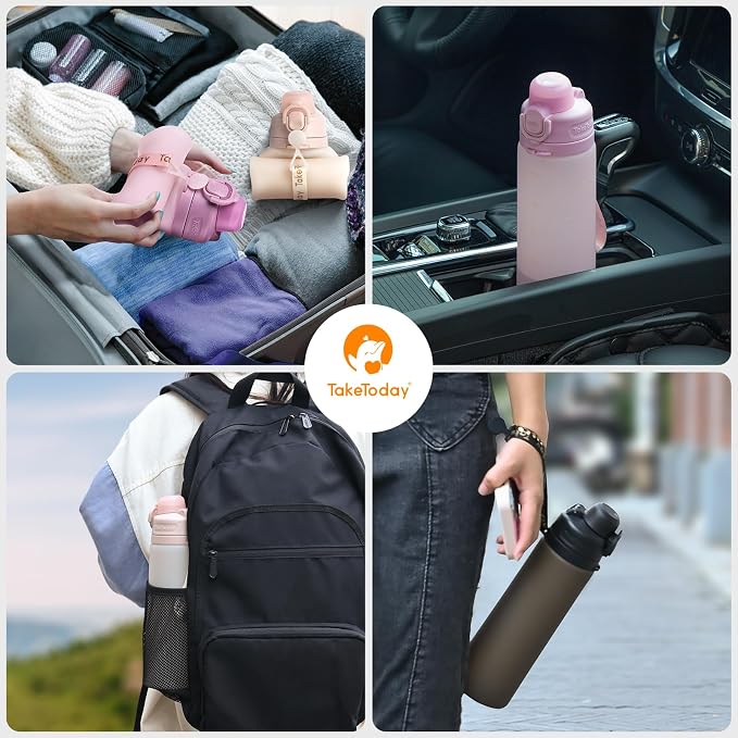 TakeToday Collapsible Water Bottles 21oz (600mL), Foldable Platinum Silicone Travel Water Bottle with Straw & Carry Strap, Leak-Resistant Screw Lid, Wide Mouth, BPA-Free for Hiking, Camping, Travel