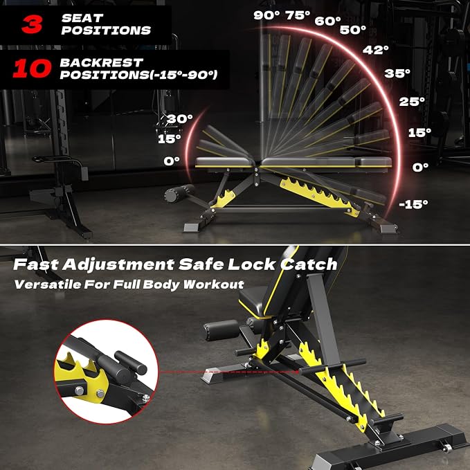 DONIUZ Adjustable Weight Bench for Home Gym, 1200LB Heavy Duty Commercial Workout Bench, Multi-Position Incline Decline Flat FID Bench Press with Headrest & Leg Rollers for Full Body Strength Training