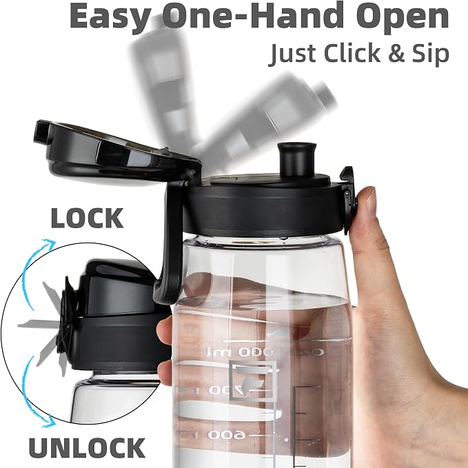 Fanhaw 32 oz Clear Plastic Water Bottle, BPA Free Leakproof Tritan Sports Water Bottle with Chug Lid, Wide Mouth Reusable Bottle for Gym, Travel, School & Office (Clear & Black)