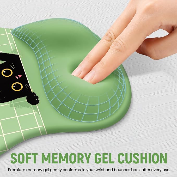Ergonomic Mouse Pad with Wrist Rest, Gel Wrist Support, Green Cat | 10.2 x 7.6 in Mouse Pad with Smooth Fabric Surface and Non-Slip Rubber Base for Office, Home, Study, and Gaming
