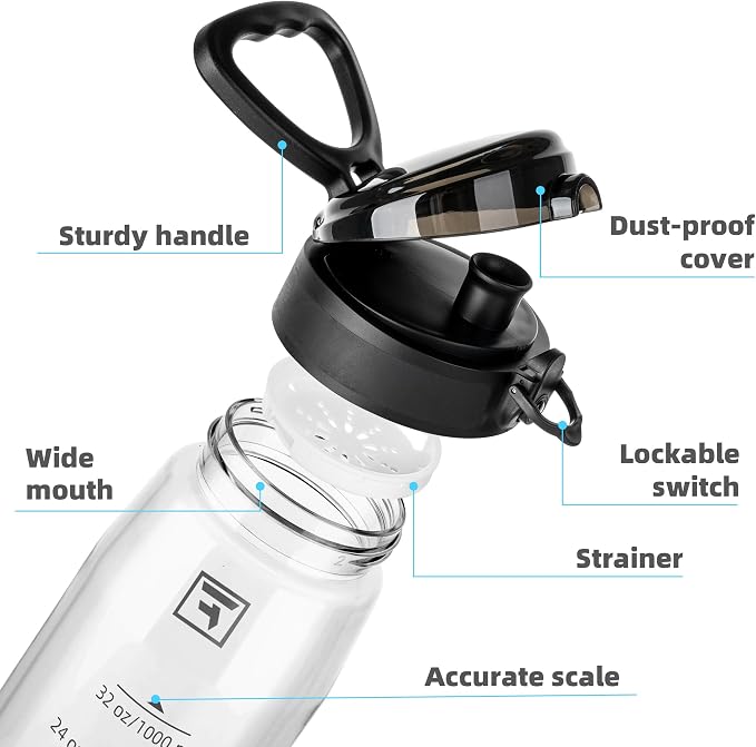 Fanhaw 32 oz Clear Plastic Water Bottle, BPA Free Leakproof Tritan Sports Water Bottle with Chug Lid, Wide Mouth Reusable Bottle for Gym, Travel, School & Office (Clear & Black)