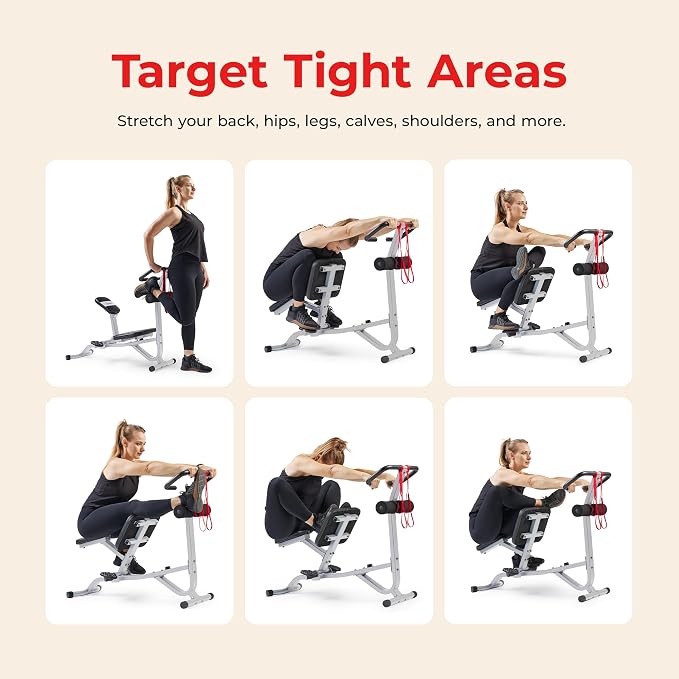 Sunny Health & Fitness Full Body Stretch Machine Back Stretcher Pivot Seat | Pivoting Seat, Multi-Use Handlebar, Padded Back Support, Full-Body Stretching, Flexibility Training, Home Gym Use
