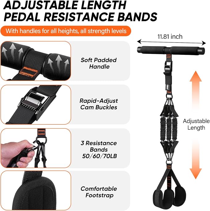 Adjustable Length Pedal Resistance Band with Handle for Working Out, Replaceable 180Lbs Exercise Bands with Foot Pedals, Home Gym Workout Equipment for Women Men Strength Training, Stretching