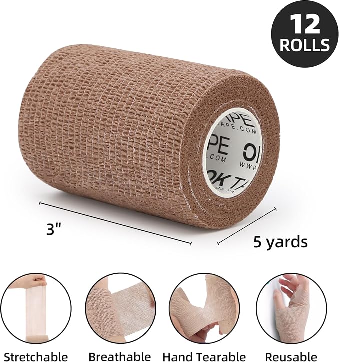 OK TAPE Self Adherent Cohesive Bandages Wrap 12Packs 3" x 5 Yards | Non-Woven Elastic for Thumb Finger Wrist Ankle Self Adhesive Bandage Wrap Breathable Vet Wrap Bandages Tape (Mixed Colors)
