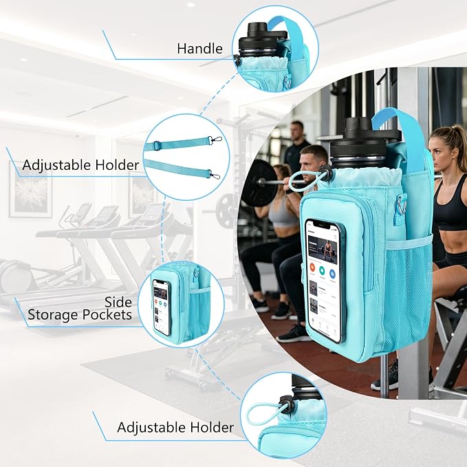 JACZZO Magnetic Gym Bag, Water Bottle Holder,Hands-Free Phone Mount,Gym Gifts for Women and Men (Blue)