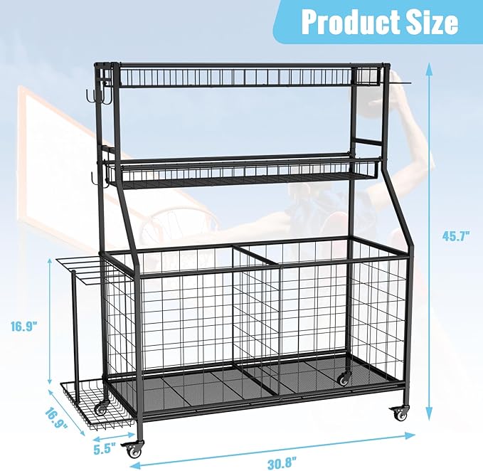 Sports Equipment Garage Organizer - Heavy Duty Garage Organization Ball Storage Rack with Basket, Hooks and Rolling Cart for Sports Gear and Toy Storage, Indoor/Outdoor Use, Black
