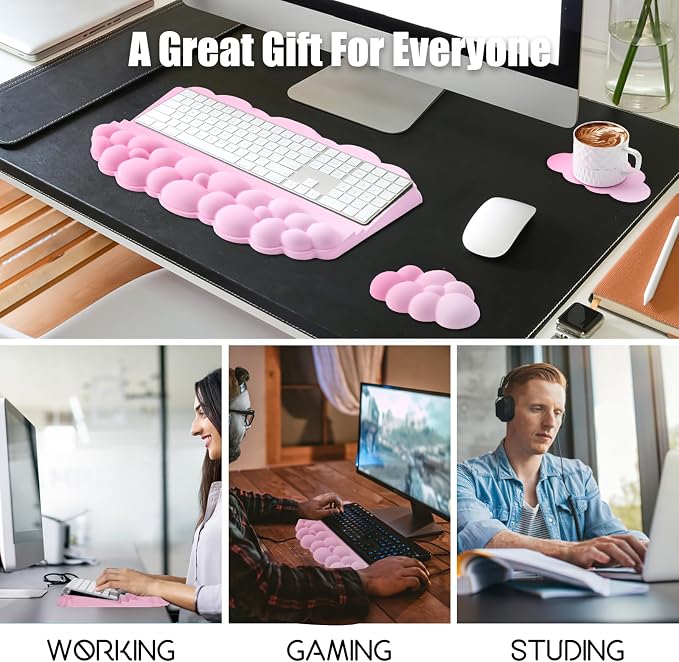 Wrist Rest with Keyboard Stand, Ergonomic Computer Wrist Support Pad | Cloud Keyboard Riser Holder with Wrist Pad, Memory Foam Desk Cushion, Palm Hand Typing for Office Home School-Pink