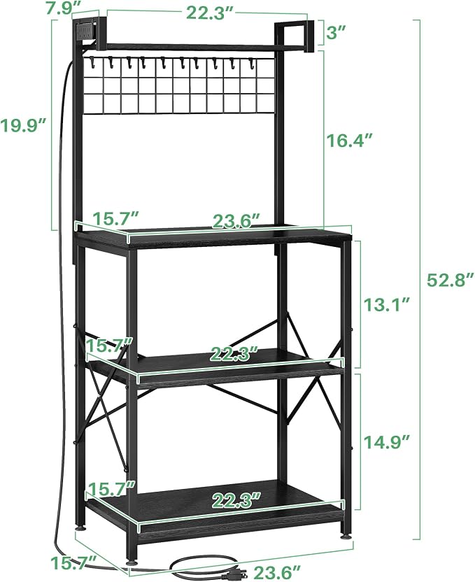 SNTD Bakers Rack with Power Outlet, Microwave Stand, Black, 23.5" W | Coffee Stand, 4 Tiers Kitchen Storage Shelves, Wire Grid Panel, 10 Hooks, Metal Frame, Triple X-Shaped Reinforcement