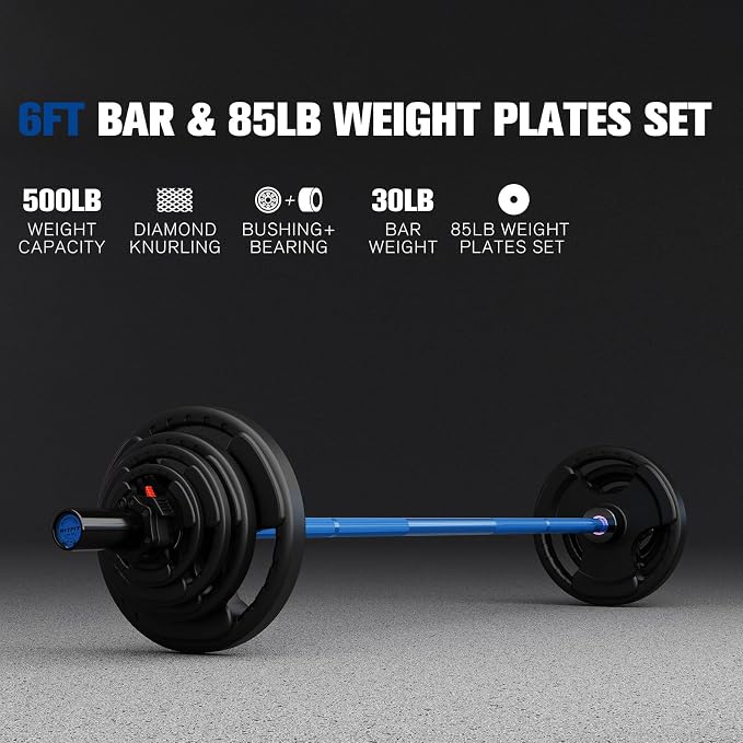 RitFit Barbell Weight Set - 4/6FT Olympic Barbell with Weight Plates (55-115LB Total) - Weightlifting Equipment for Squats, Curls, Deadlifts, Presses, Hip Thrusts