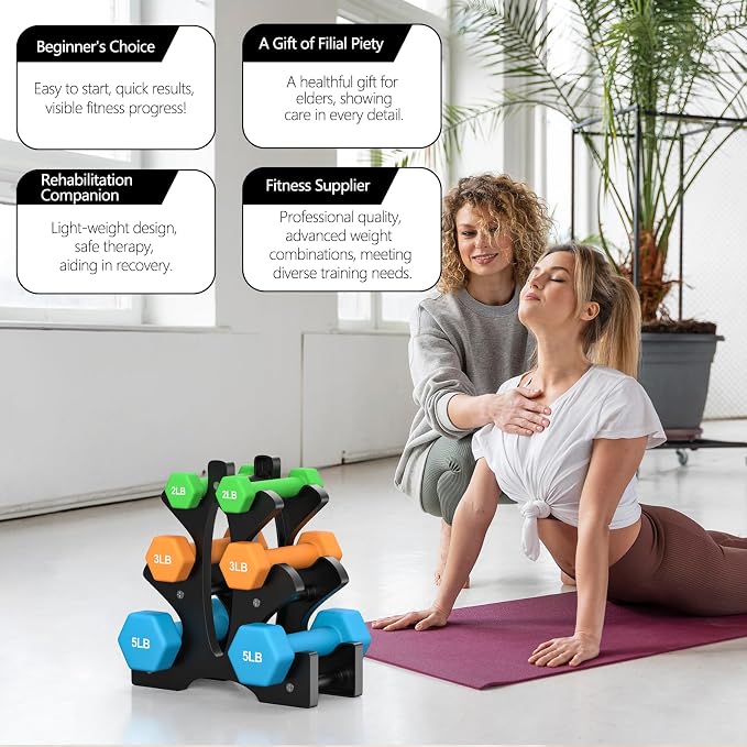 Portzon Dumbbells Neoprene with Non Slip Grip weight for Total Body Workout Compatible with of 2 Set,1-15 LB, Anti-Slip, Anti-roll, Hex Shape