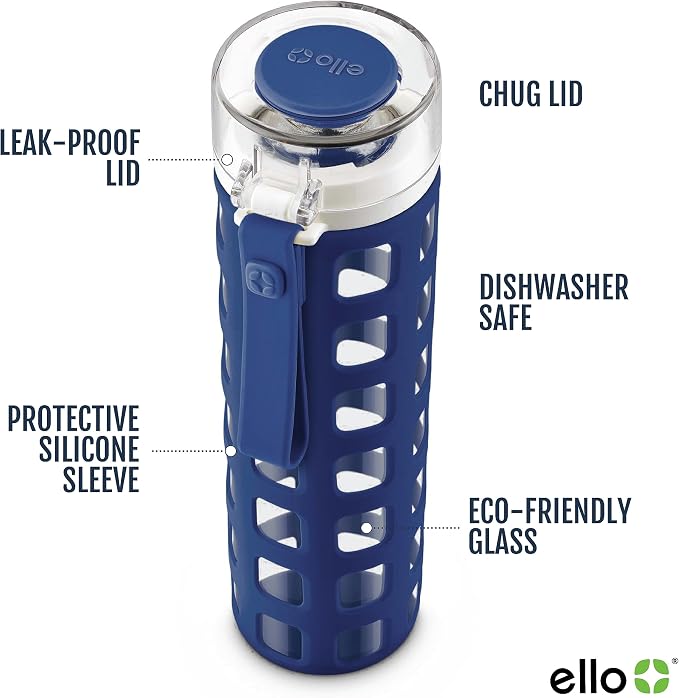 Ello Syndicate 20oz Glass Water Bottle with Flip Lid and Sleeve, Bold Blue | Glass water bottle for iced drinks with leakproof flip lid, silicone sleeve, carry loop, BPA-free, and dishwasher safe