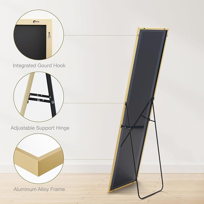 DUMOS 16"x59" Full Length Mirror with Stand, Floor Standing Aluminum Frame, Shatter-Proof Nano Glass for Bedroom, Living Room, Cloakroom – Modern Simple Home Decor,Can Be Hanging or Leaning, Gold