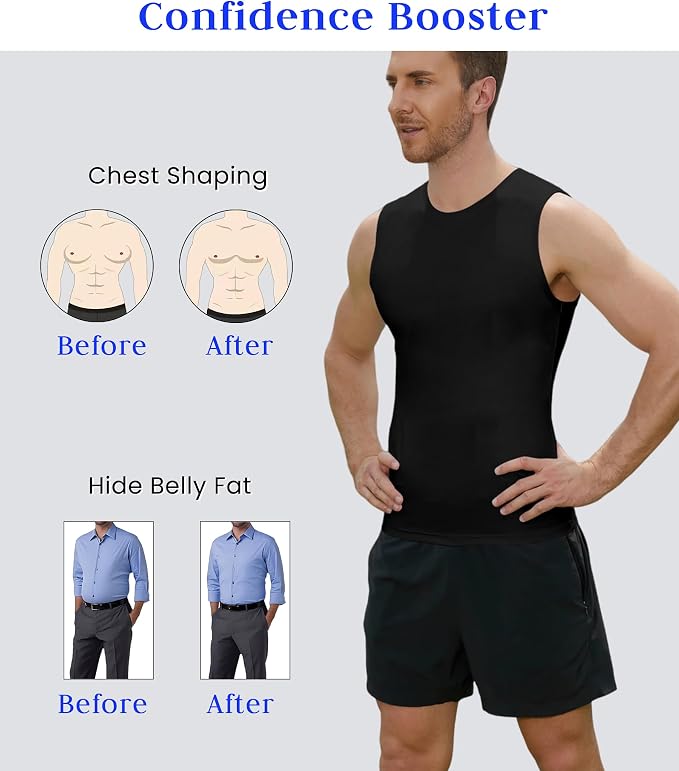 Compression Shirt Men Slimming Body Shaper Vest Crewneck Workout Tank Top | Tummy Control Undershirts, Gynecomastia Compression Shirts, Back Support, Sleeveless Muscle Shirts, Shaping Tank Top