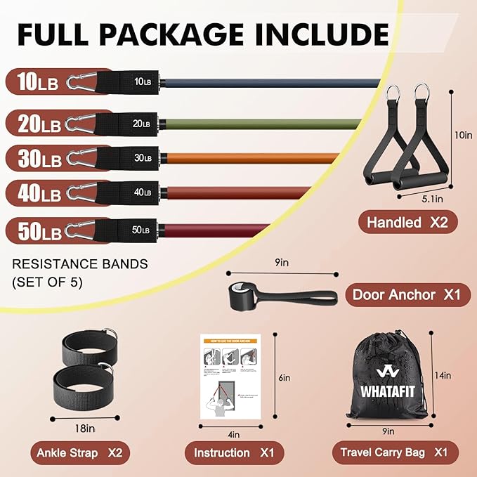 WHATAFIT Resistance Bands with Handles, 5-Level Exercise Bands for Workout | Natural latex,10-50 lbs, stackable to 150,Ankle Straps, Door Anchor,Guide. For Strength, Yoga,Home Gym,Travel & Workout.