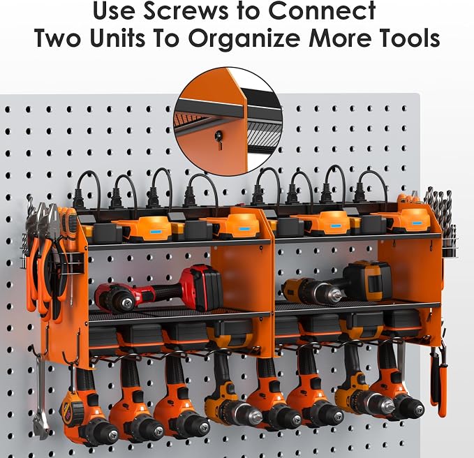 CCCEI Wall Mount Modular Tool Charging Organizer, Orange, 1 Pack, 3 Tier. | Drill Battery Storage Rack with Hooks, Garage Workshop, Gifts for Men, Dad, Husband Anniversary, Birthday, Christmas
