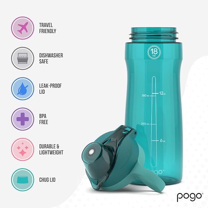 Pogo BPA-Free Tritan Plastic Water Bottle with Chug Lid,18 Oz, Teal | Leakproof water bottle with chug lid and carry handle. BPA-free, great for travel, school, outdoors, and gym.