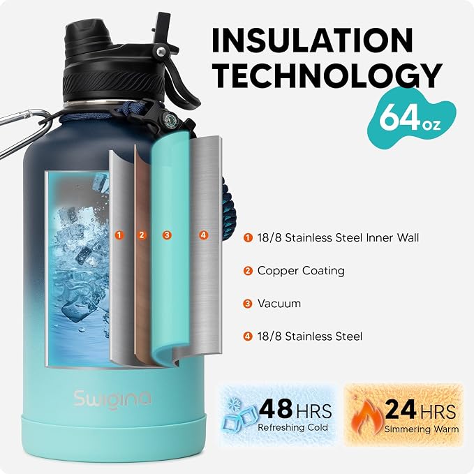 Swigina [2-IN-1 LID] 64 oz Insulated Water Bottle with Silicone Boot (48hrs Cold/24hrs Hot) - DIY Stickers, Leakproof, BPA Free, Half Gallon